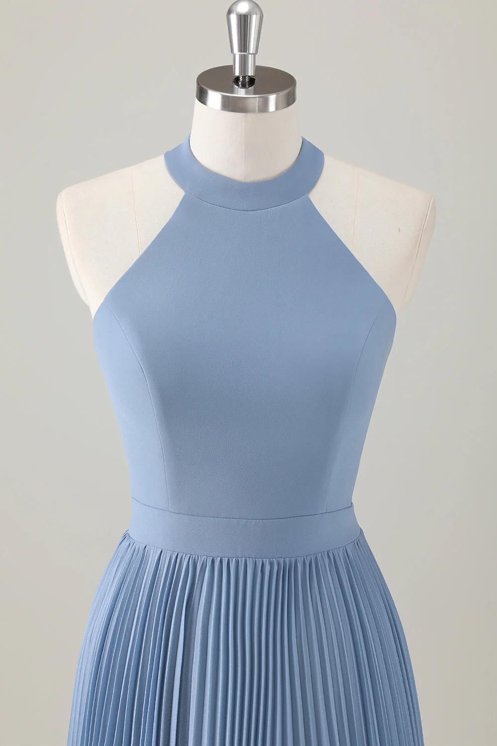 Gris Bleu A-ligne Licou Longue Robe de demoiselle d’honneur avec fente - Image 4