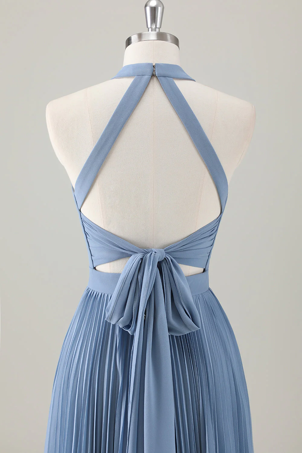 Gris Bleu A-ligne Licou Longue Robe de demoiselle d’honneur avec fente - Image 5