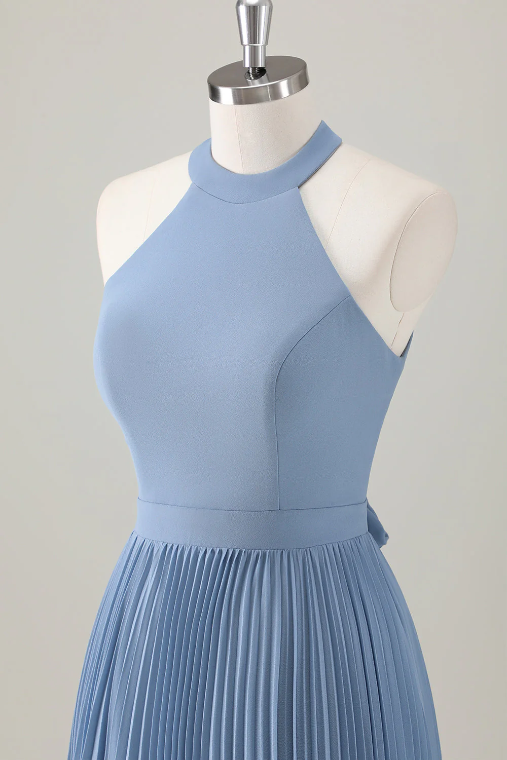 Gris Bleu A-ligne Licou Longue Robe de demoiselle d’honneur avec fente - Image 6