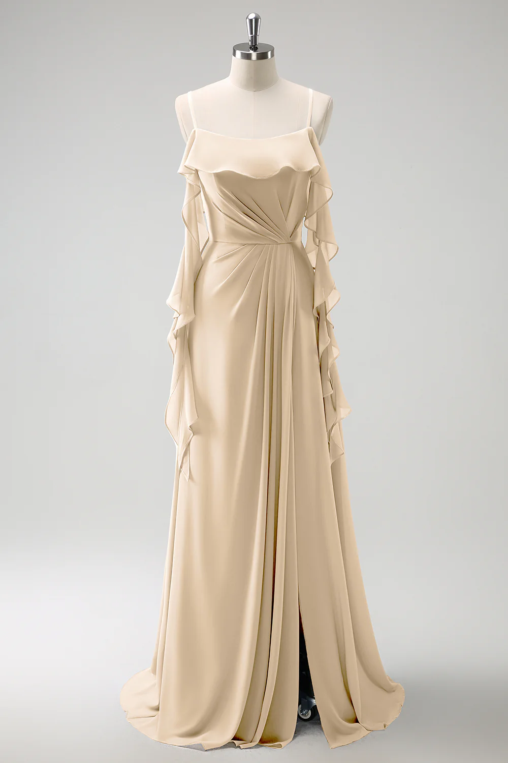 Robe de demoiselle d'honneur longue en mousseline de soie gris-bleu à bretelles fines ligne A avec fente - Image 11