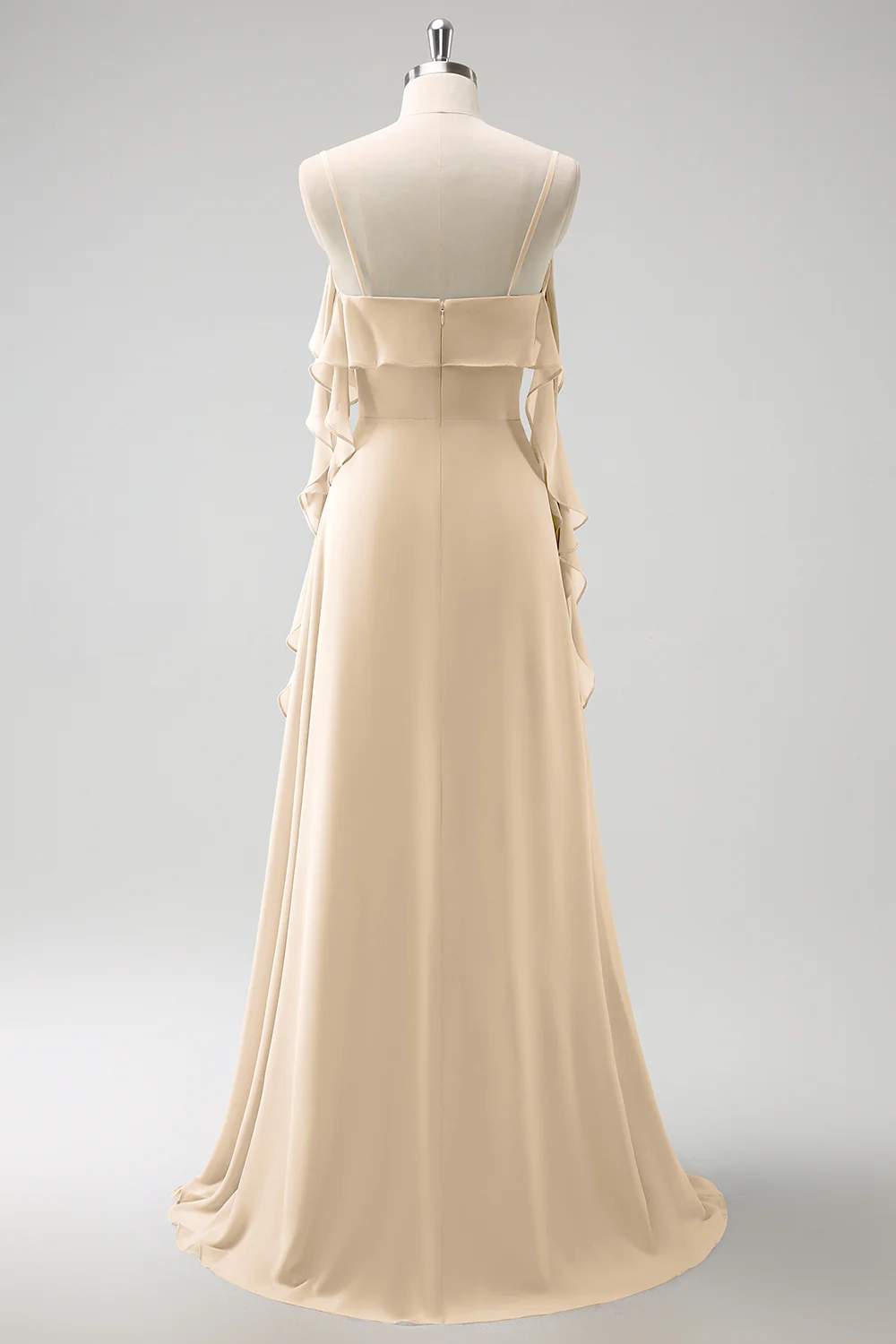 Robe de demoiselle d'honneur longue en mousseline de soie gris-bleu à bretelles fines ligne A avec fente - Image 12