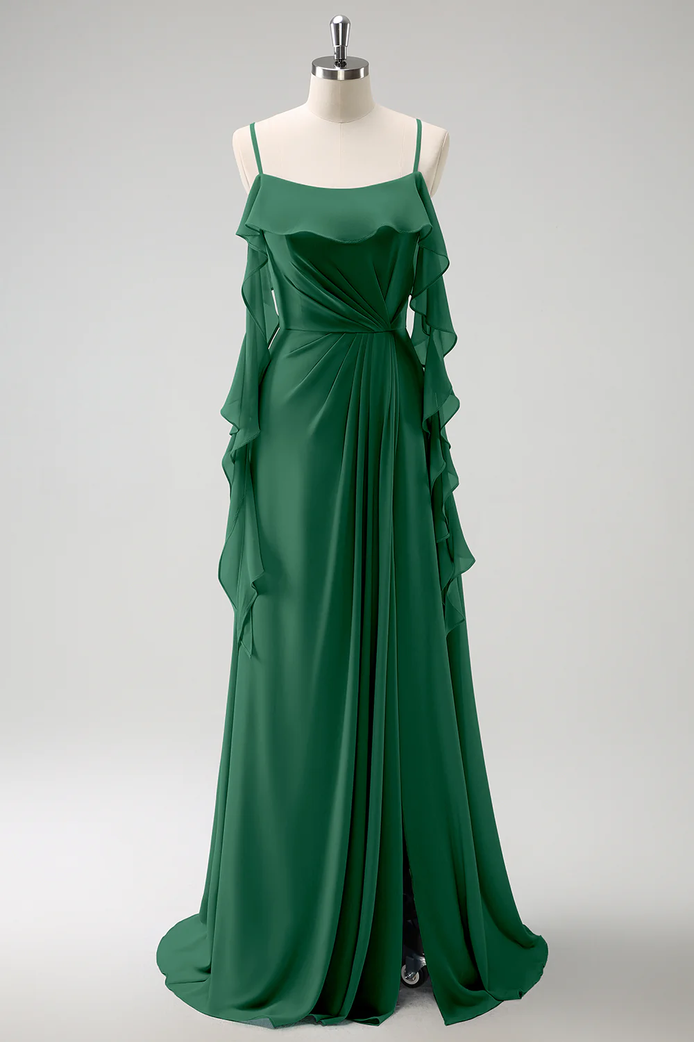 Robe de demoiselle d'honneur longue en mousseline de soie gris-bleu à bretelles fines ligne A avec fente - Image 13