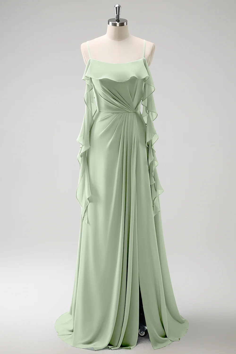 Robe de demoiselle d'honneur longue en mousseline de soie gris-bleu à bretelles fines ligne A avec fente - Image 15