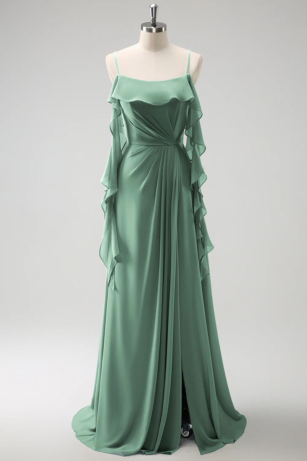Robe de demoiselle d'honneur longue en mousseline de soie gris-bleu à bretelles fines ligne A avec fente - Image 17