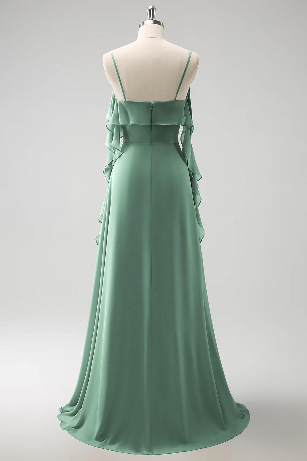 Robe de demoiselle d'honneur longue en mousseline de soie gris-bleu à bretelles fines ligne A avec fente - Image 18