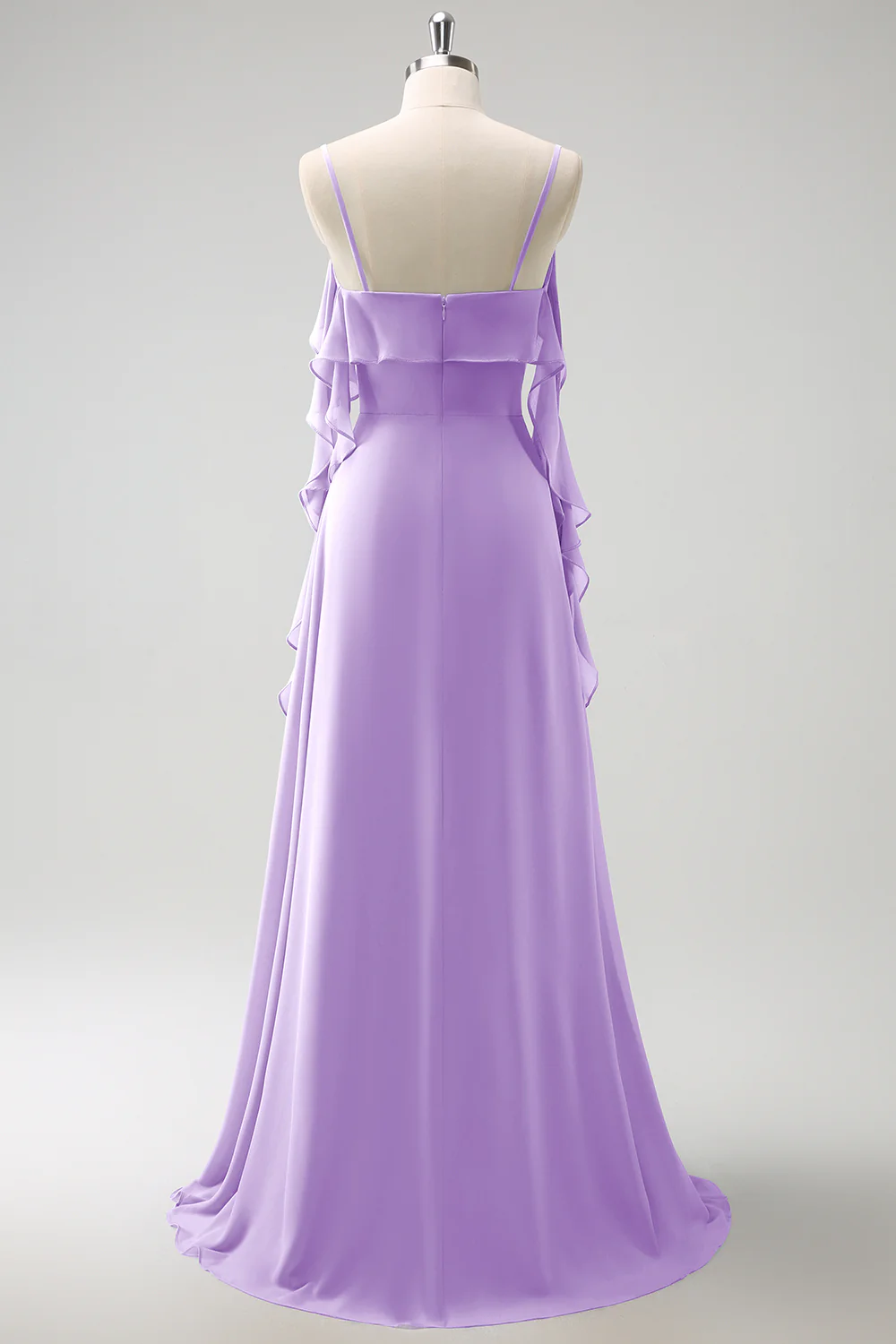 Robe de demoiselle d'honneur longue en mousseline de soie gris-bleu à bretelles fines ligne A avec fente - Image 22
