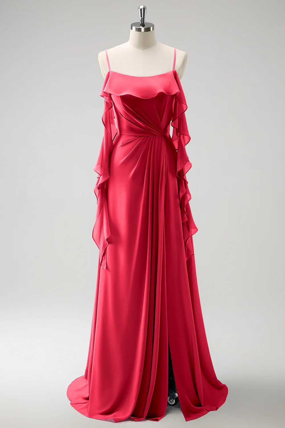 Robe de demoiselle d'honneur longue en mousseline de soie gris-bleu à bretelles fines ligne A avec fente - Image 25