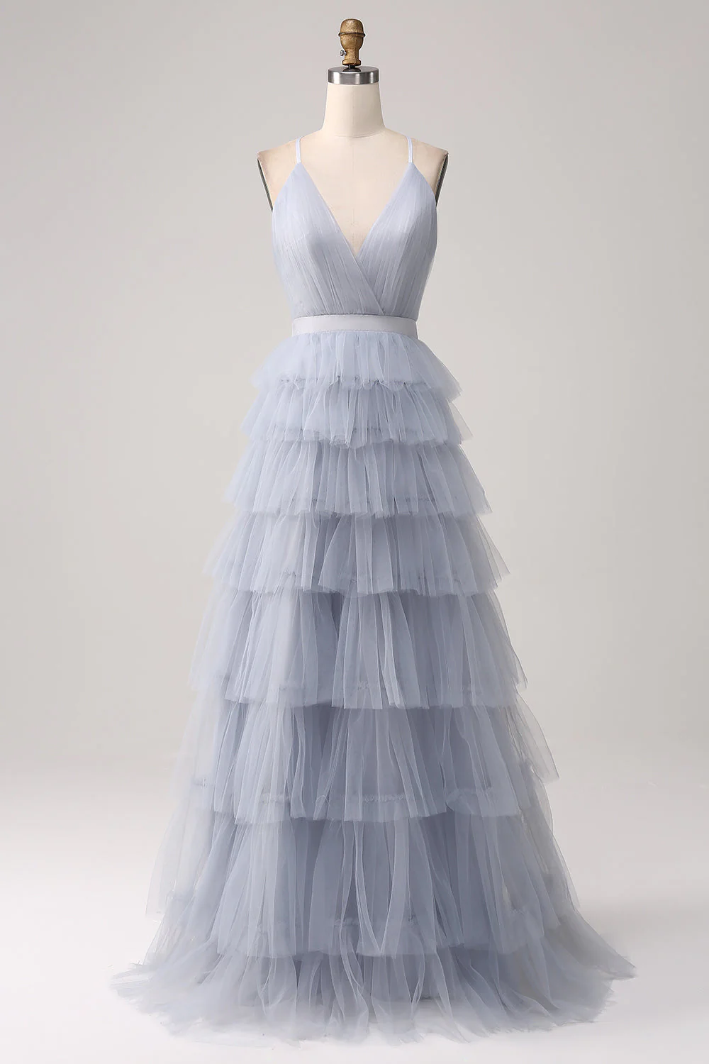 Gris bleu A Line Tiered Tulle dos nu Longue robe de Soirée