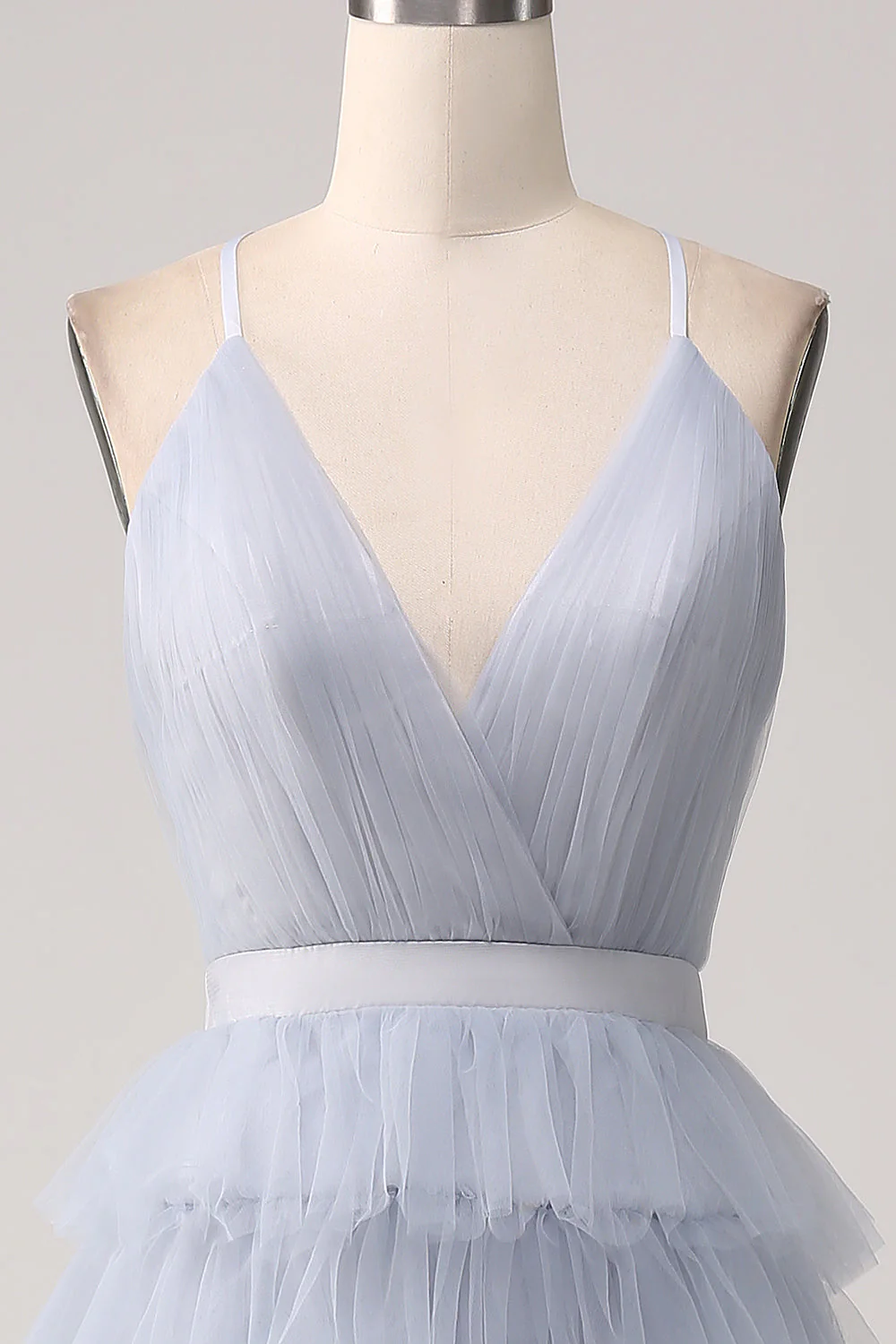 Gris bleu A Line Tiered Tulle dos nu Longue robe de Soirée - Image 4