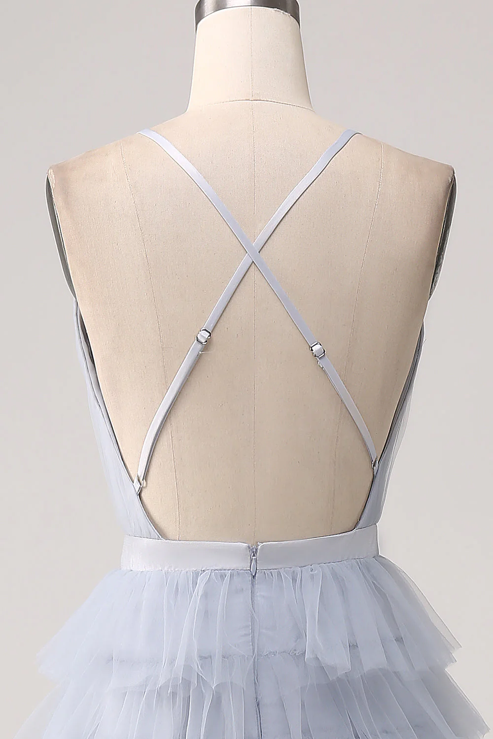 Gris bleu A Line Tiered Tulle dos nu Longue robe de Soirée - Image 5