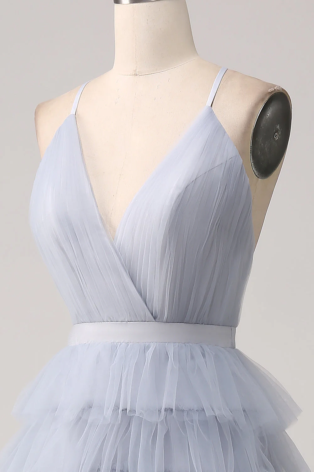 Gris bleu A Line Tiered Tulle dos nu Longue robe de Soirée - Image 6