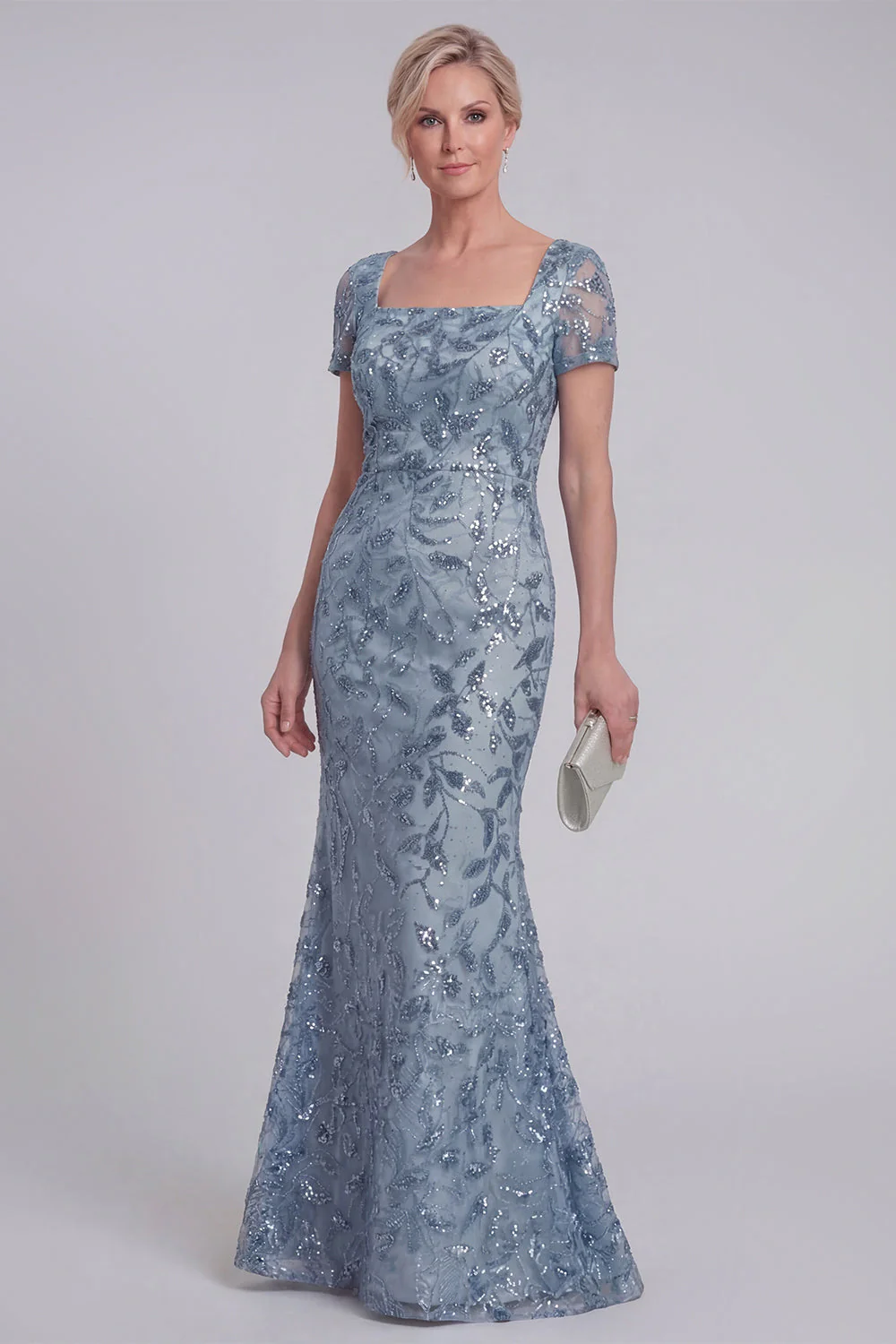 Gris, bleu, dentelle florale, sirène à paillettes longue robe de la mère de la mariée avec manches