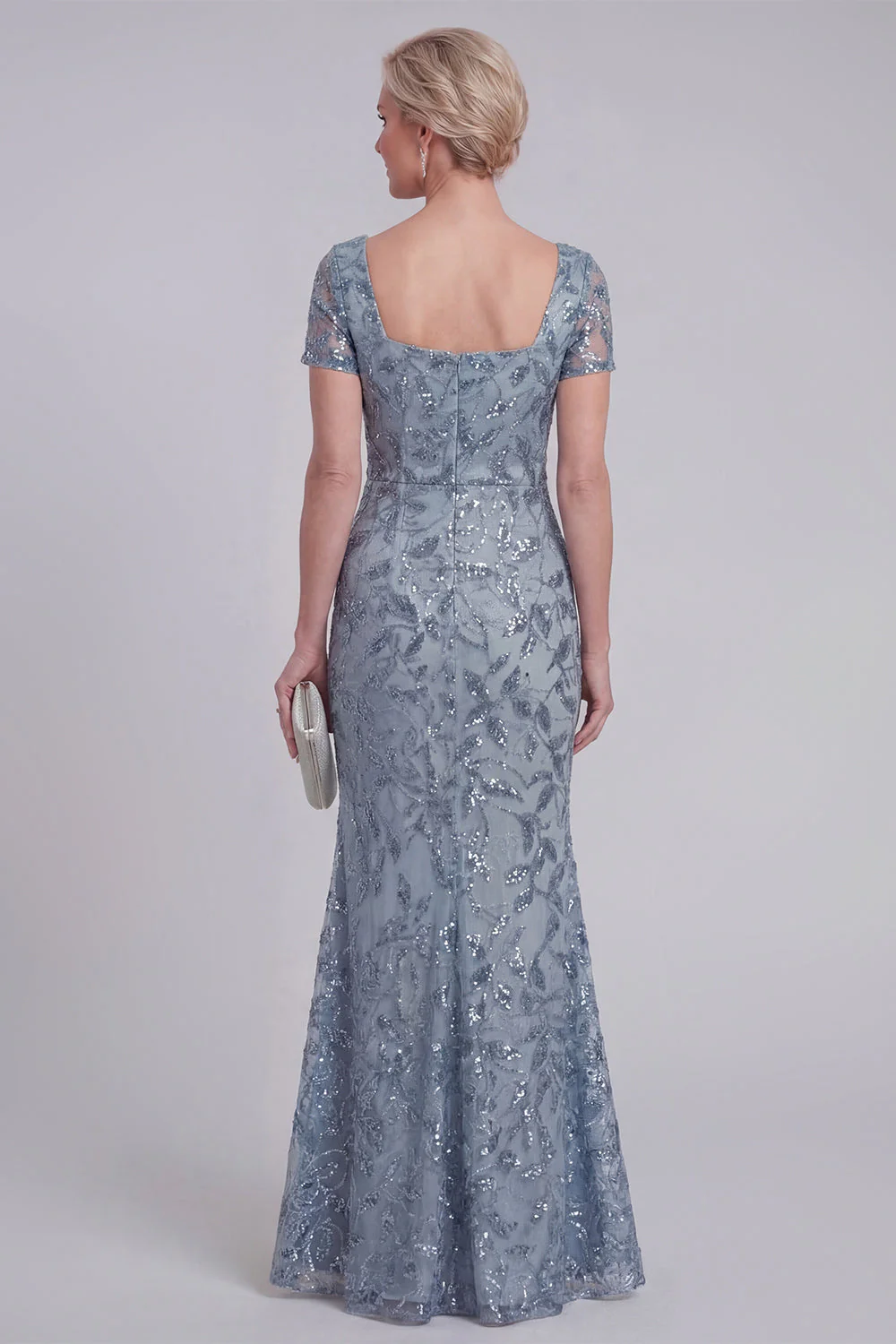 Gris, bleu, dentelle florale, sirène à paillettes longue robe de la mère de la mariée avec manches - Image 2