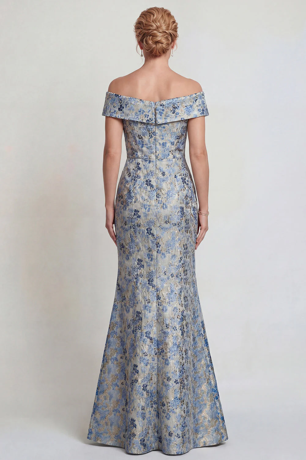 Gris-bleu, fleur décollée, longue robe de mère de la mariée - Image 2