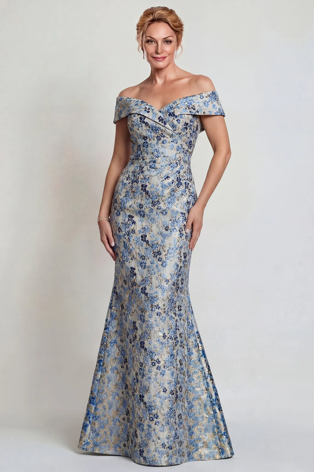 Gris-bleu, fleur décollée, longue robe de mère de la mariée - Image 3
