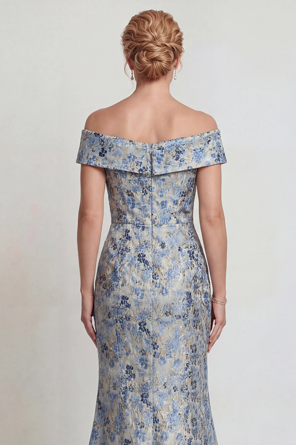 Gris-bleu, fleur décollée, longue robe de mère de la mariée - Image 5