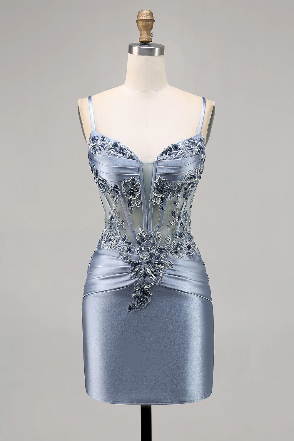 Gris bleu moulant perlé Corset Homecoming Dress avec appliques - Image 7