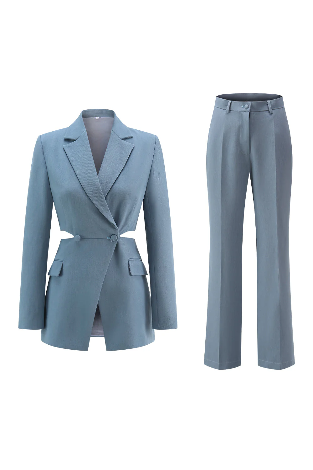Costume de bal femme 2 pièces gris bleu à revers crantés avec découpes