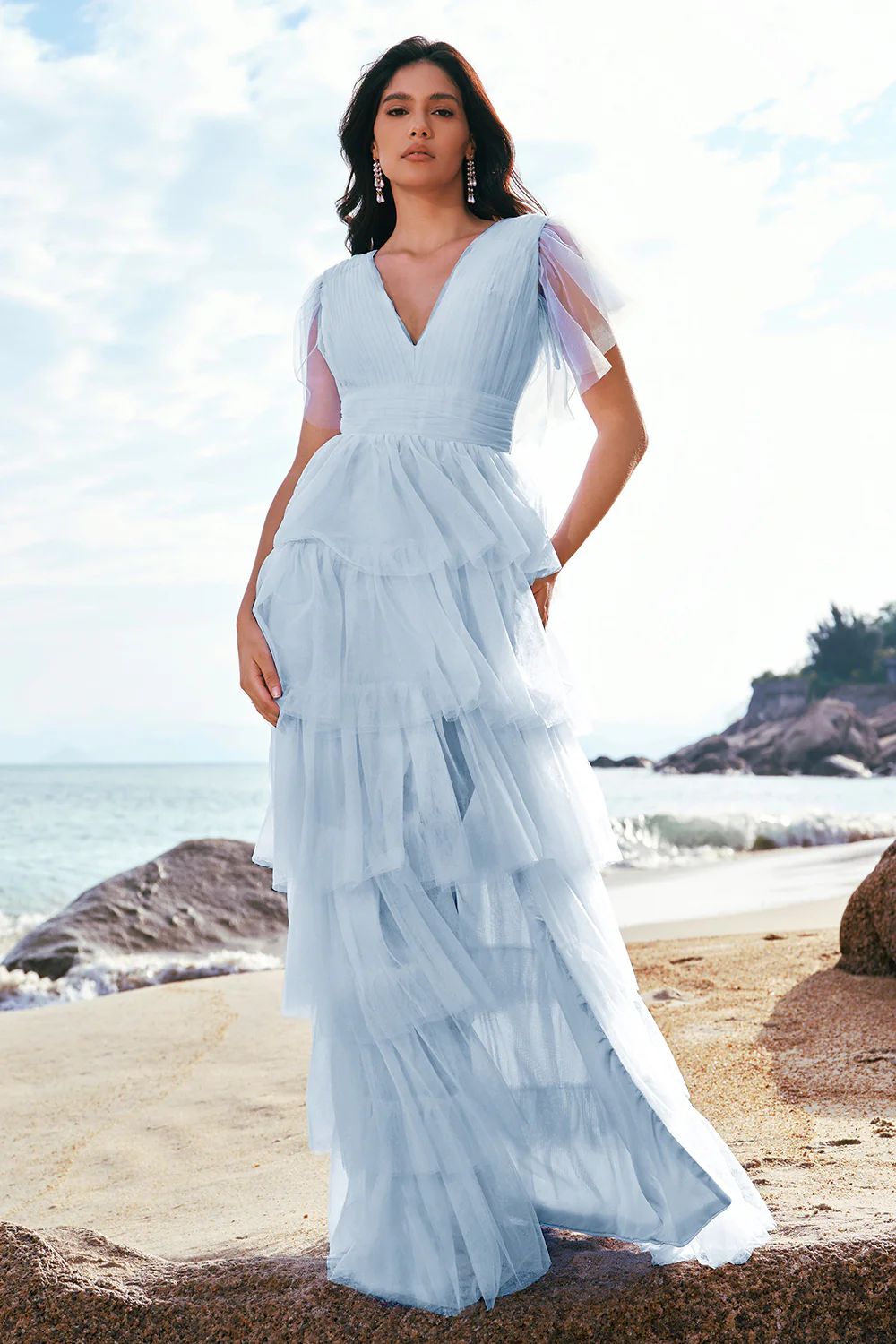 Gris bleu trapèze col V Tulle Long Tiered Demoiselle d’honneur Robe de demoiselle d’honneur avec fente - Image 10