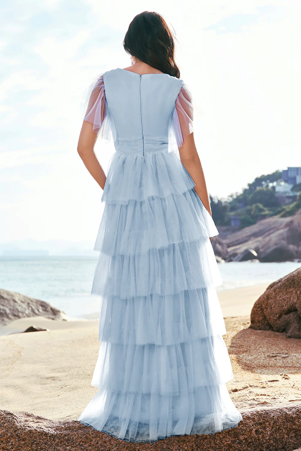 Gris bleu trapèze col V Tulle Long Tiered Demoiselle d’honneur Robe de demoiselle d’honneur avec fente - Image 11