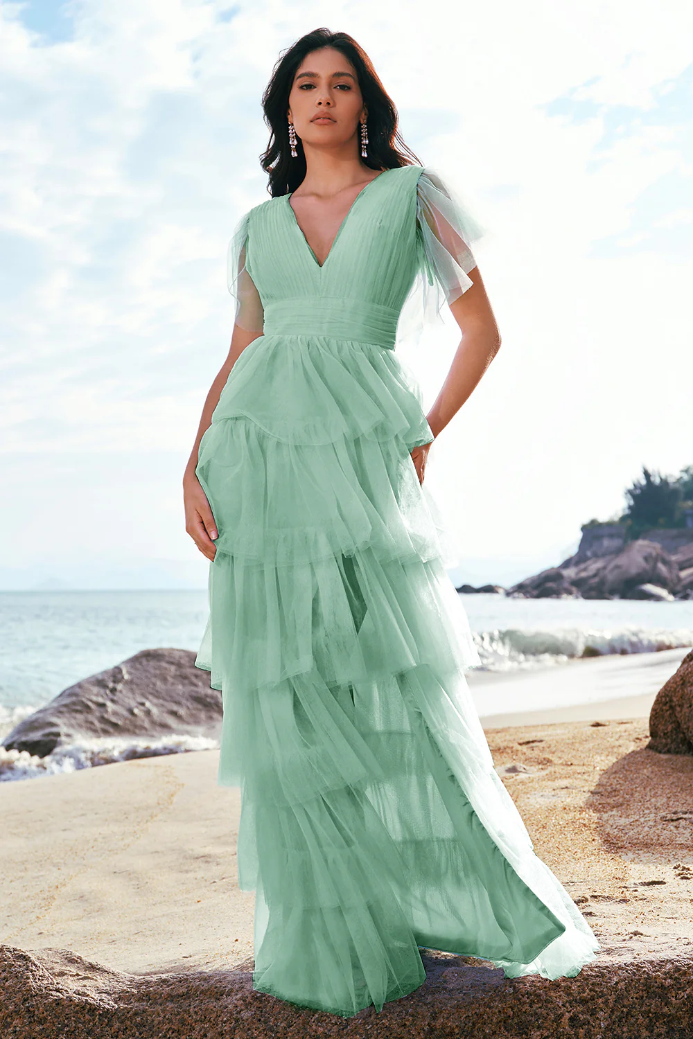 Gris bleu trapèze col V Tulle Long Tiered Demoiselle d’honneur Robe de demoiselle d’honneur avec fente - Image 12