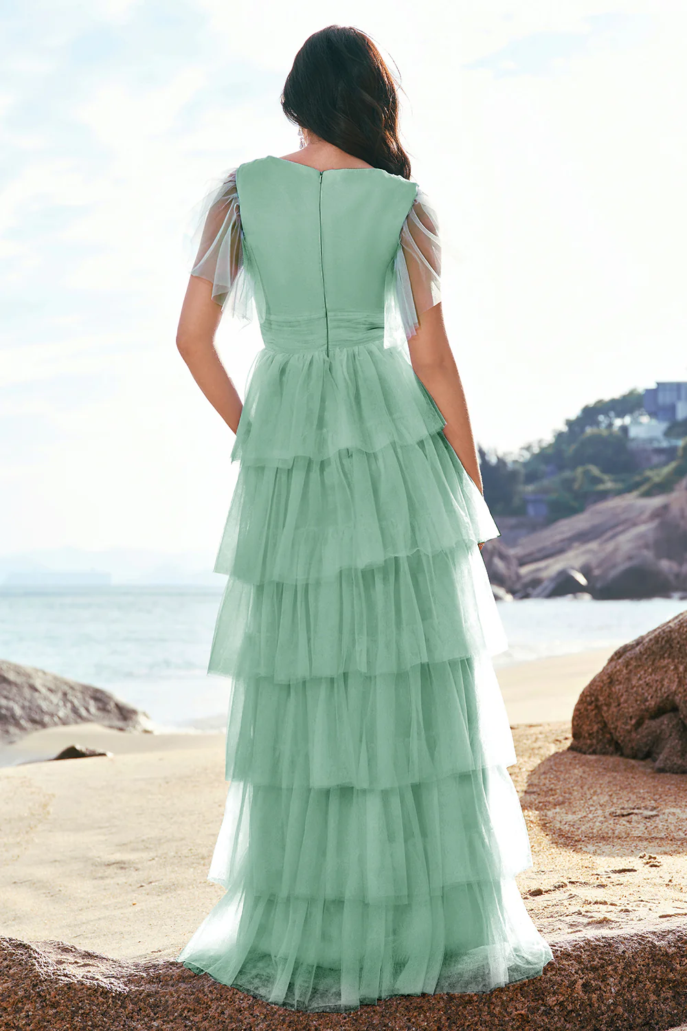 Gris bleu trapèze col V Tulle Long Tiered Demoiselle d’honneur Robe de demoiselle d’honneur avec fente - Image 13