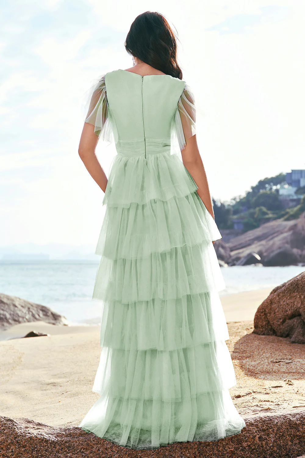 Gris bleu trapèze col V Tulle Long Tiered Demoiselle d’honneur Robe de demoiselle d’honneur avec fente - Image 15