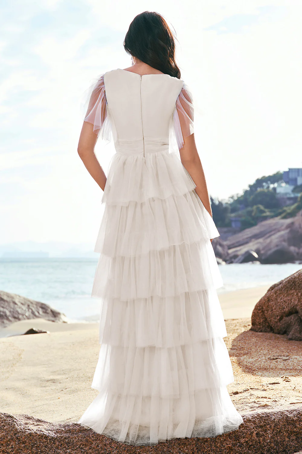 Gris bleu trapèze col V Tulle Long Tiered Demoiselle d’honneur Robe de demoiselle d’honneur avec fente - Image 19