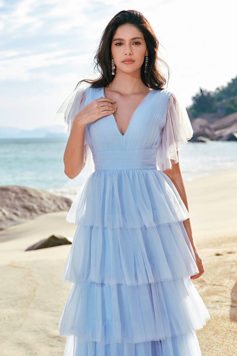 Gris bleu trapèze col V Tulle Long Tiered Demoiselle d’honneur Robe de demoiselle d’honneur avec fente - Image 4