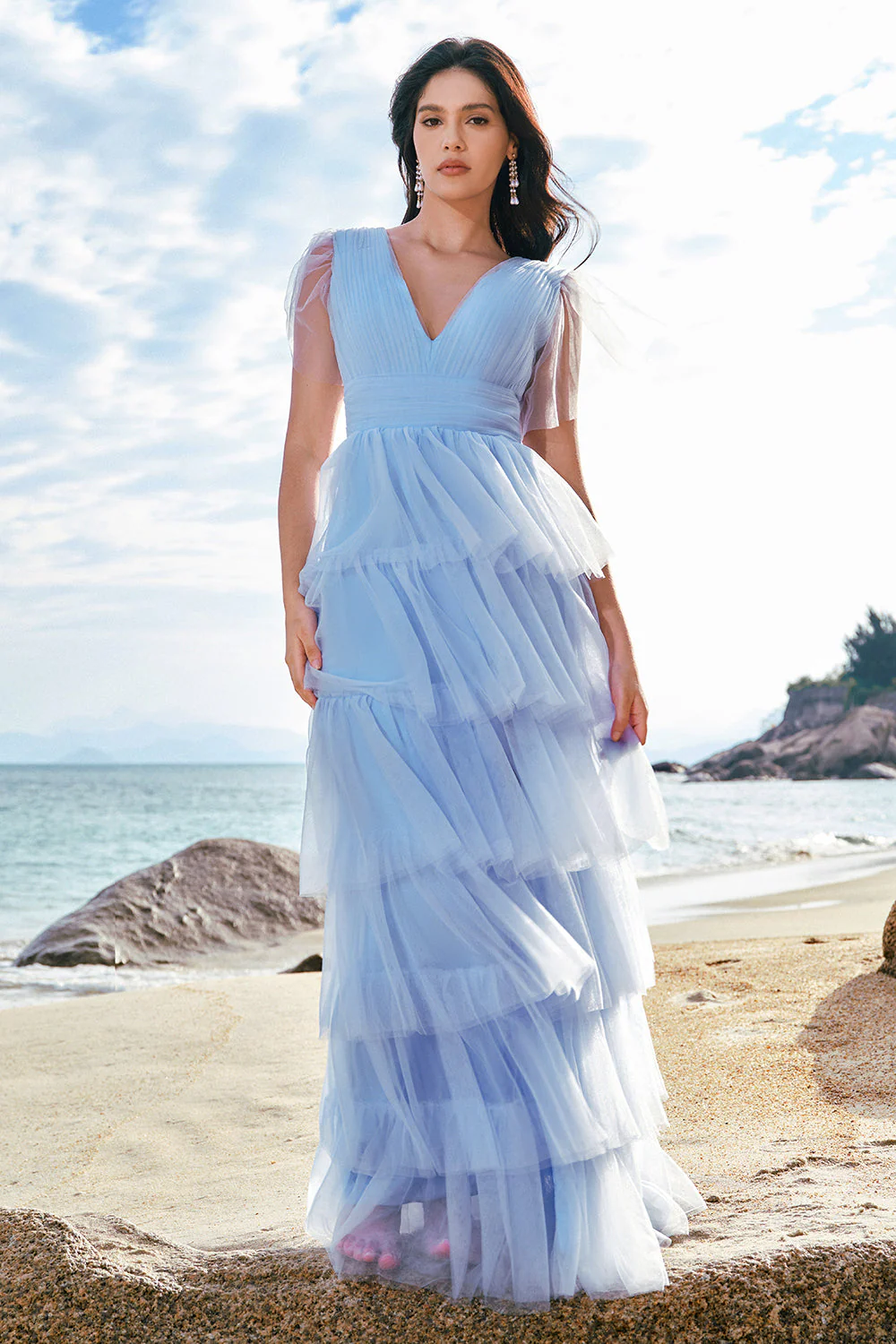 Gris bleu trapèze col V Tulle Long Tiered Demoiselle d’honneur Robe de demoiselle d’honneur avec fente - Image 7