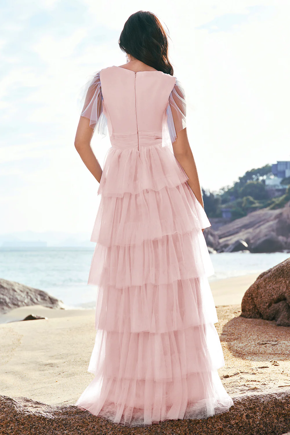 Gris bleu trapèze col V Tulle Long Tiered Demoiselle d’honneur Robe de demoiselle d’honneur avec fente - Image 9