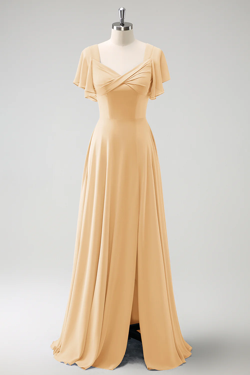 Robe de demoiselle d'honneur longue gris-bleu ligne A en mousseline de soie avec fente - Image 10