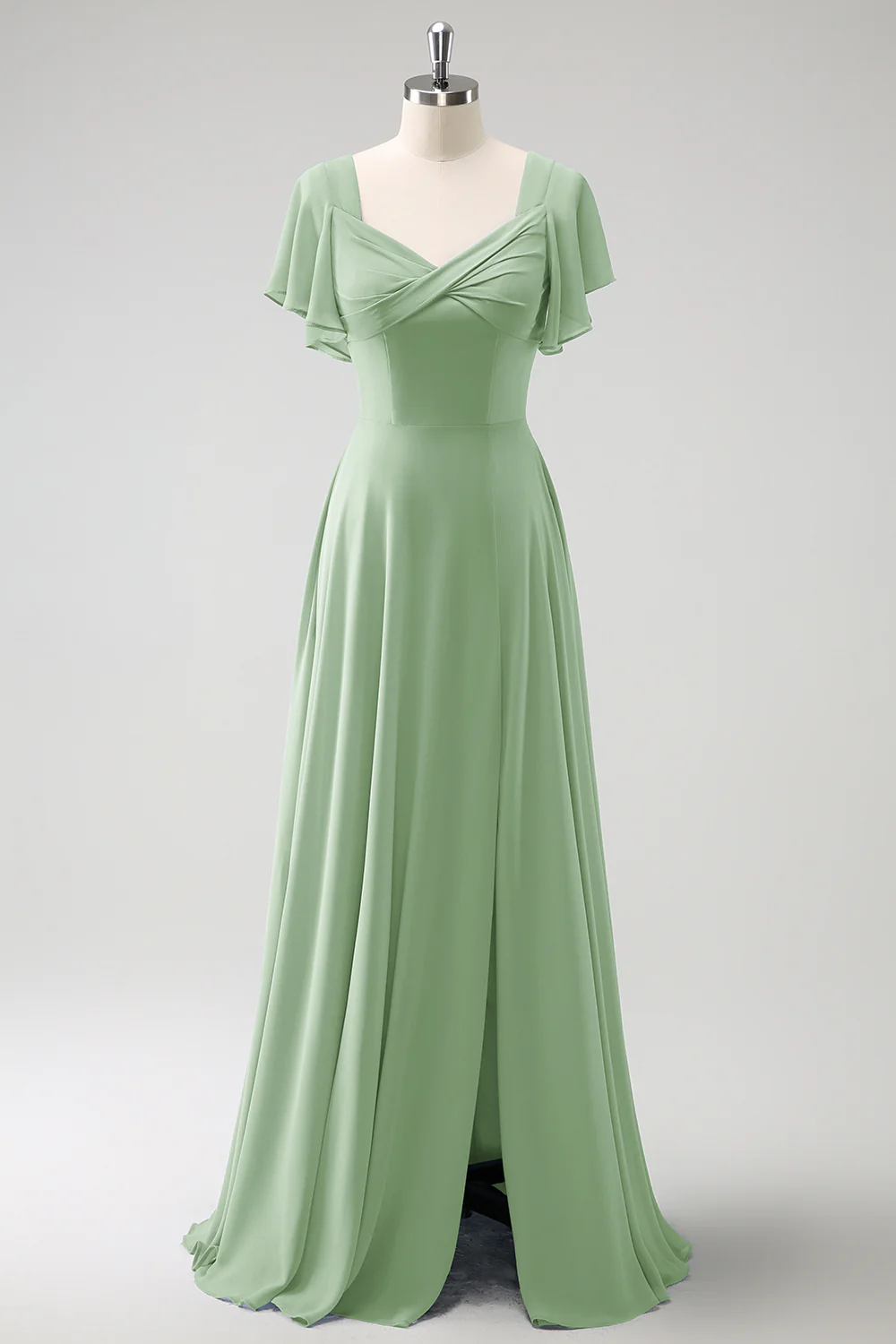 Robe de demoiselle d'honneur longue gris-bleu ligne A en mousseline de soie avec fente - Image 14