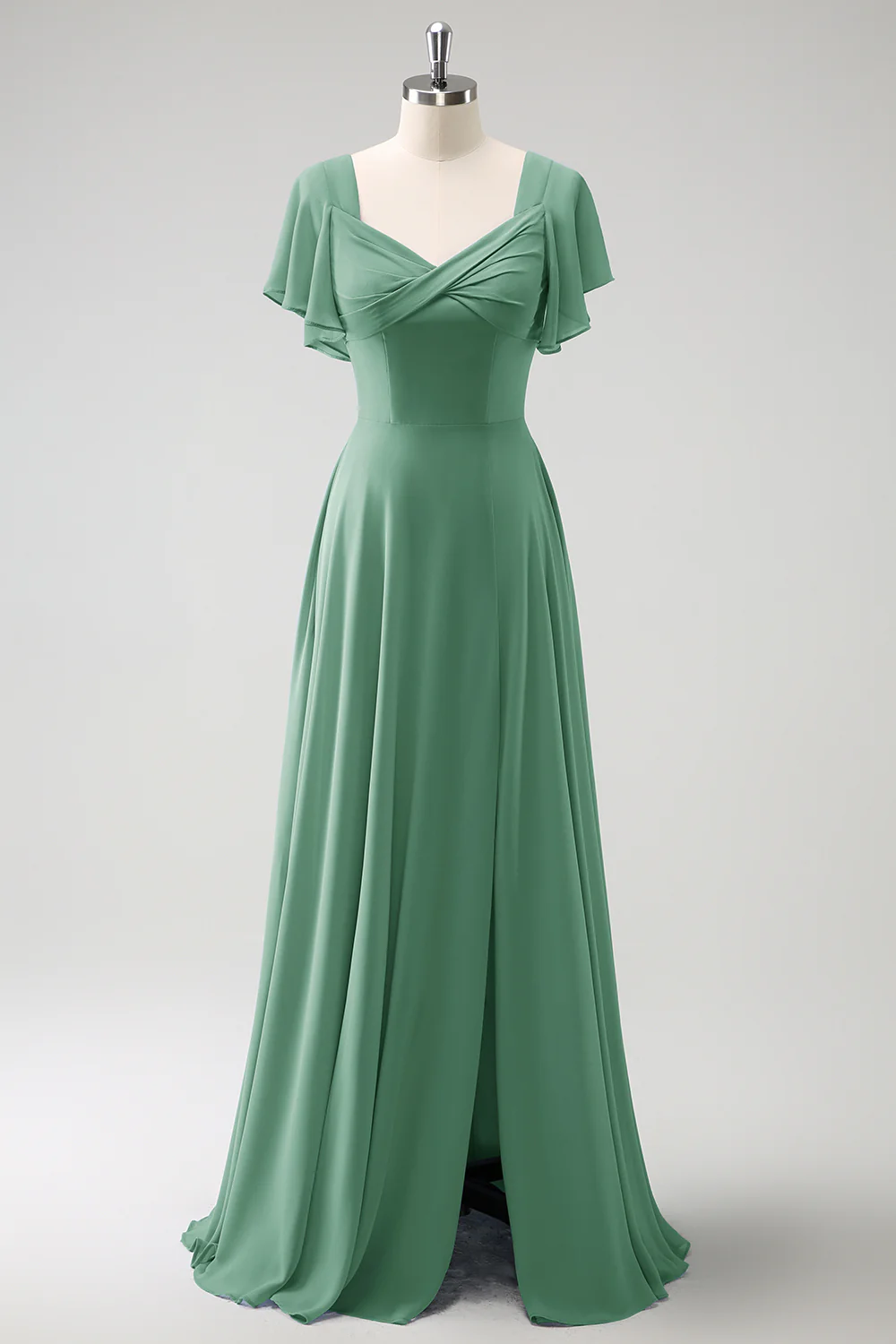 Robe de demoiselle d'honneur longue gris-bleu ligne A en mousseline de soie avec fente - Image 16