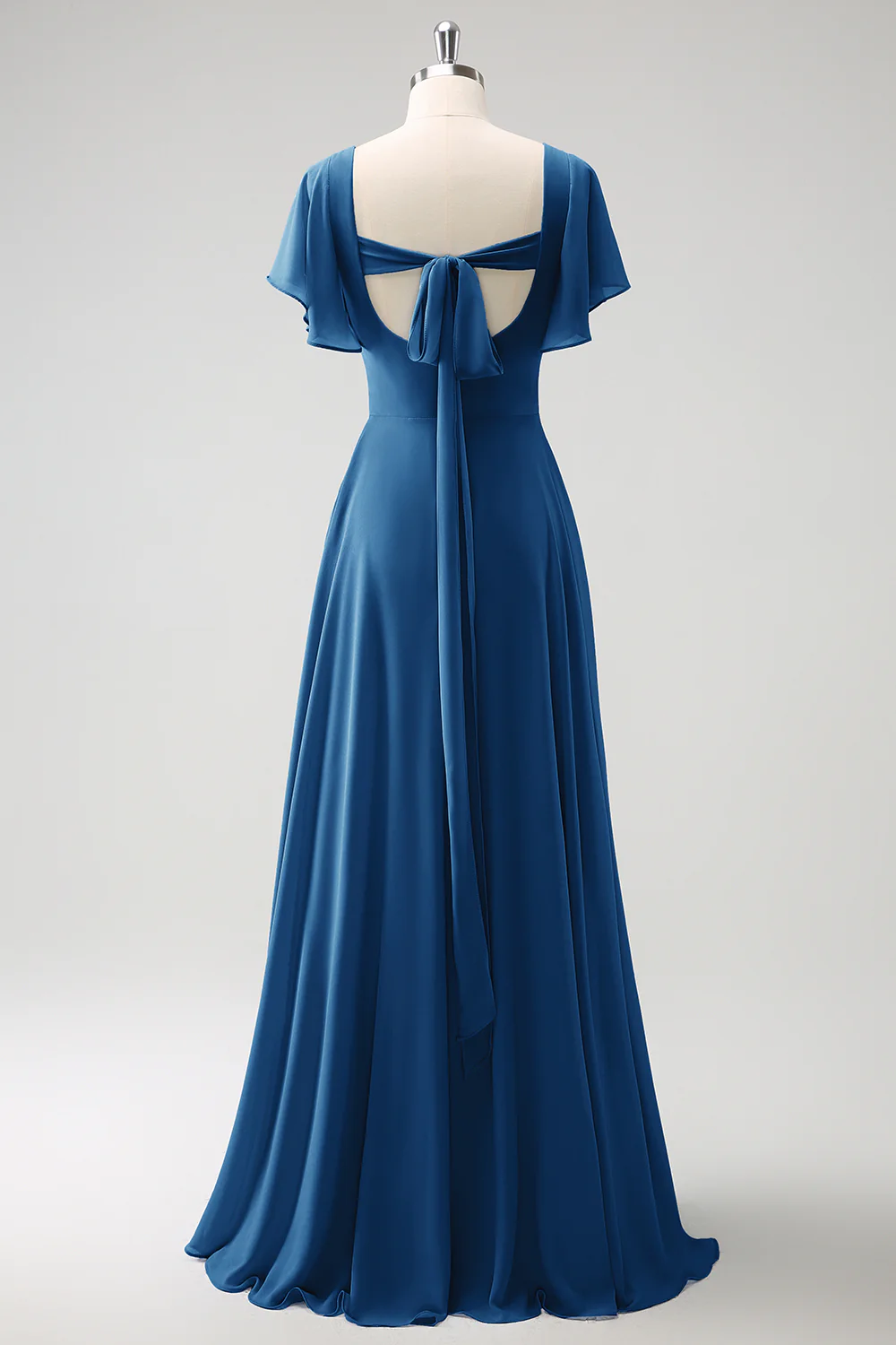 Robe de demoiselle d'honneur longue gris-bleu ligne A en mousseline de soie avec fente - Image 19