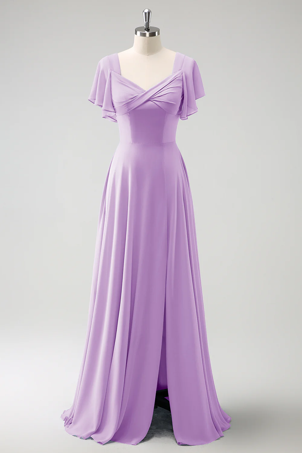 Robe de demoiselle d'honneur longue gris-bleu ligne A en mousseline de soie avec fente - Image 20