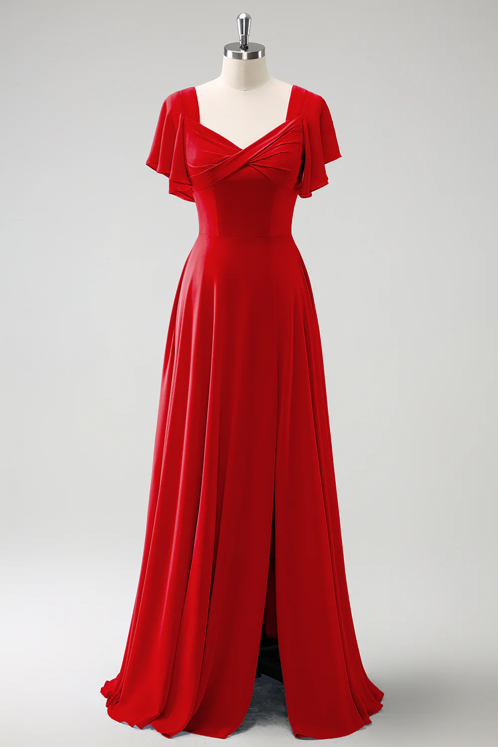 Robe de demoiselle d'honneur longue gris-bleu ligne A en mousseline de soie avec fente - Image 24