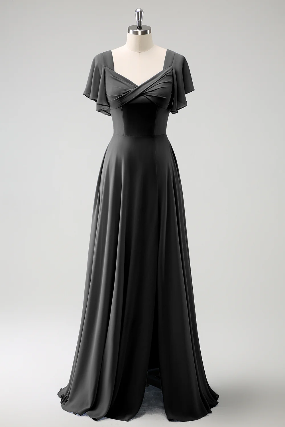 Robe de demoiselle d'honneur longue gris-bleu ligne A en mousseline de soie avec fente - Image 6