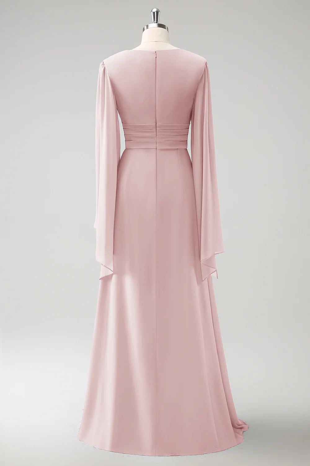Gris Bleu Une Ligne Manches Longues Robe de demoiselle d’honneur en mousseline de soie avec fente - Image 10
