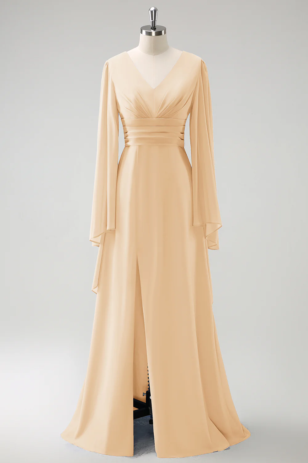 Gris Bleu Une Ligne Manches Longues Robe de demoiselle d’honneur en mousseline de soie avec fente - Image 11