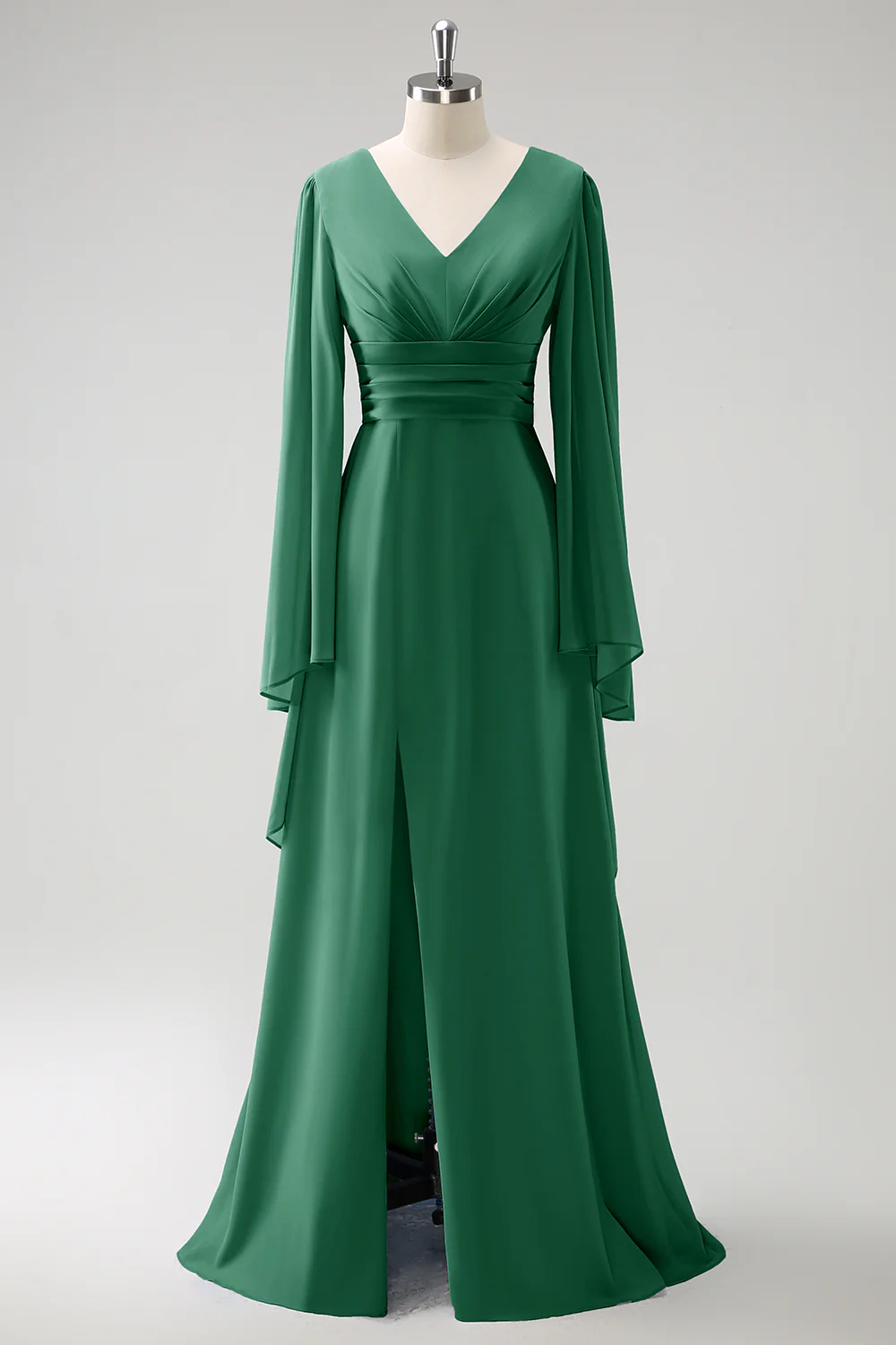 Gris Bleu Une Ligne Manches Longues Robe de demoiselle d’honneur en mousseline de soie avec fente - Image 13