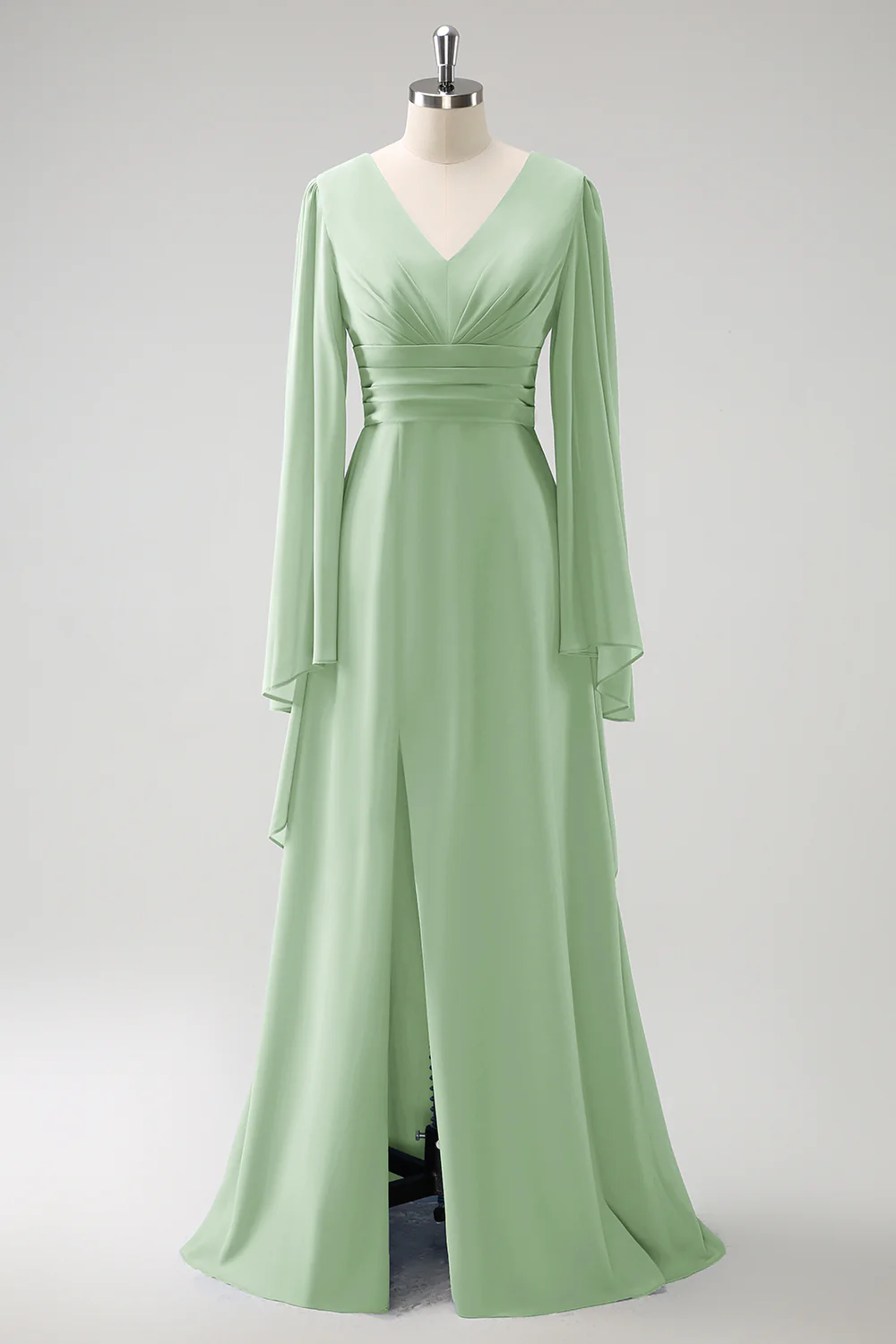 Gris Bleu Une Ligne Manches Longues Robe de demoiselle d’honneur en mousseline de soie avec fente - Image 15