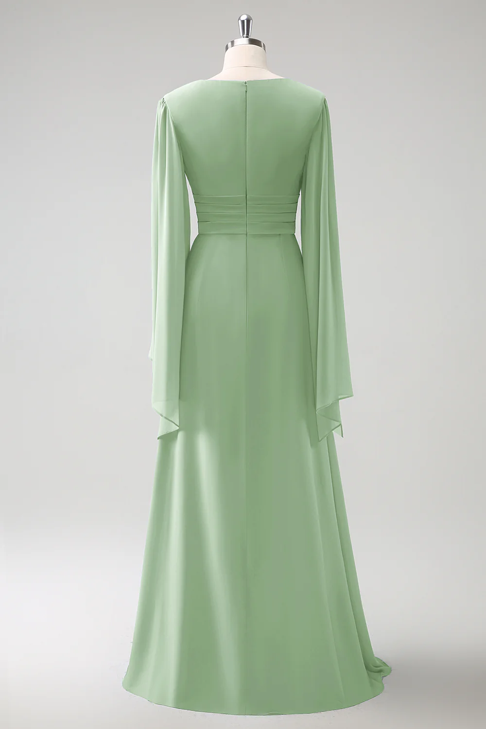 Gris Bleu Une Ligne Manches Longues Robe de demoiselle d’honneur en mousseline de soie avec fente - Image 16