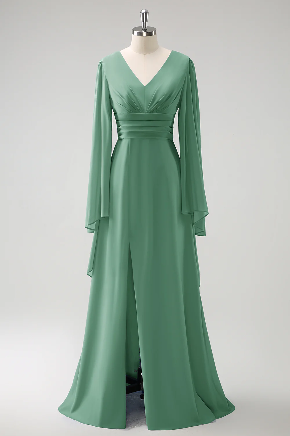 Gris Bleu Une Ligne Manches Longues Robe de demoiselle d’honneur en mousseline de soie avec fente - Image 17