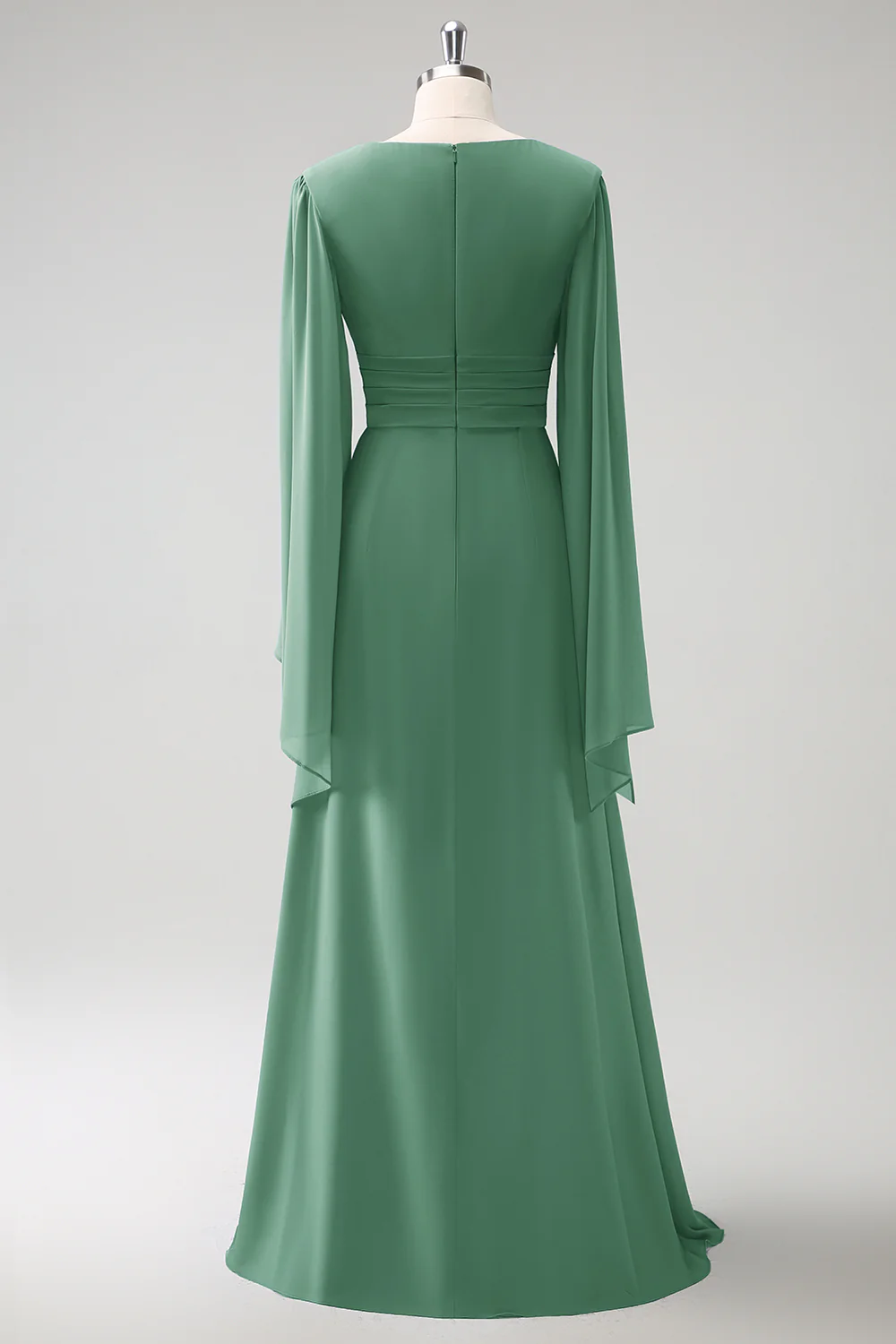 Gris Bleu Une Ligne Manches Longues Robe de demoiselle d’honneur en mousseline de soie avec fente - Image 18