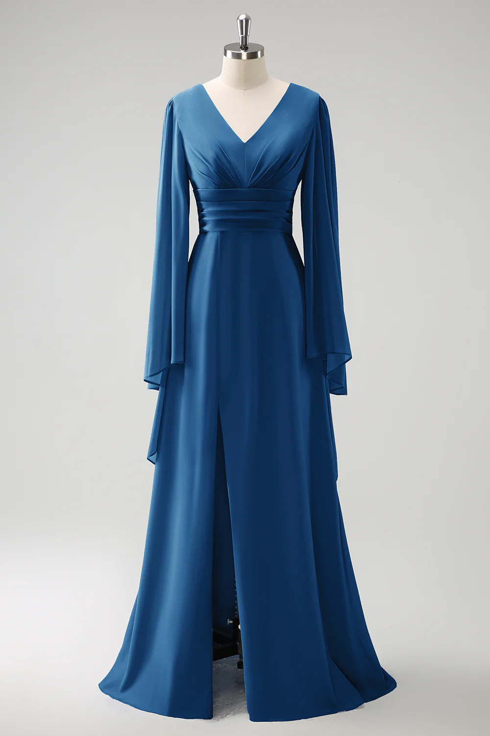 Gris Bleu Une Ligne Manches Longues Robe de demoiselle d’honneur en mousseline de soie avec fente - Image 19