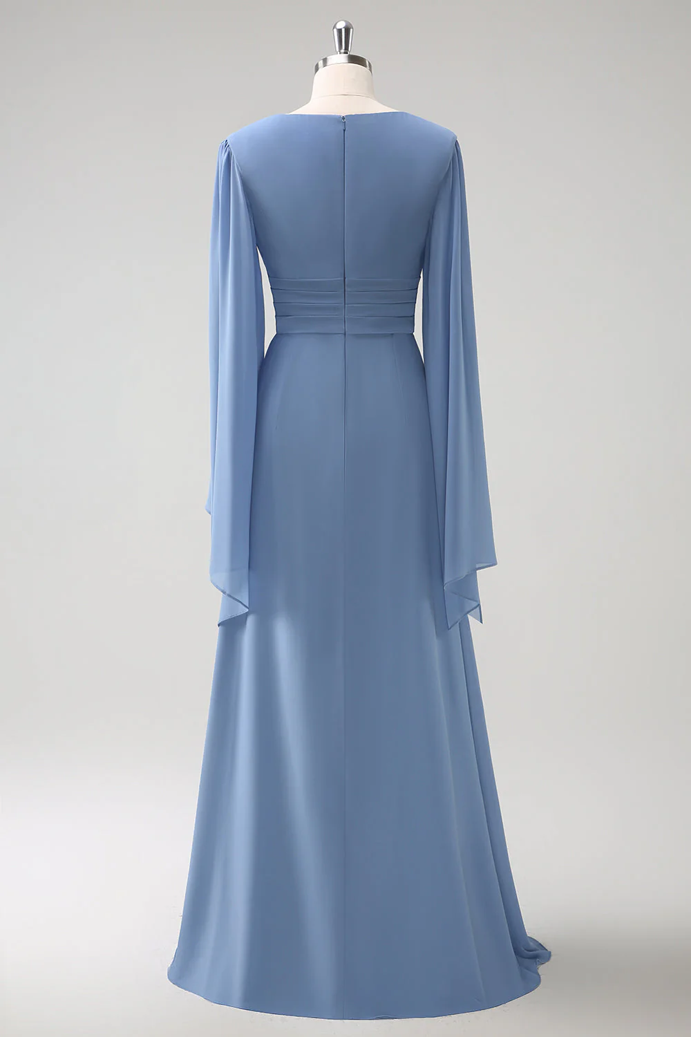 Gris Bleu Une Ligne Manches Longues Robe de demoiselle d’honneur en mousseline de soie avec fente - Image 2