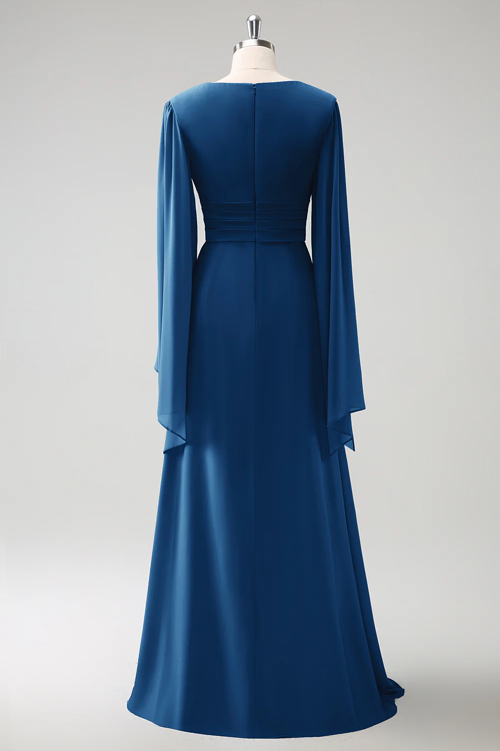 Gris Bleu Une Ligne Manches Longues Robe de demoiselle d’honneur en mousseline de soie avec fente - Image 20