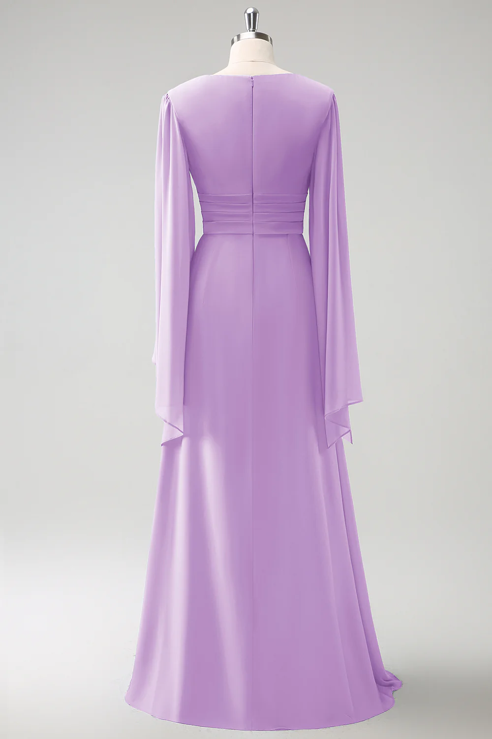 Gris Bleu Une Ligne Manches Longues Robe de demoiselle d’honneur en mousseline de soie avec fente - Image 22