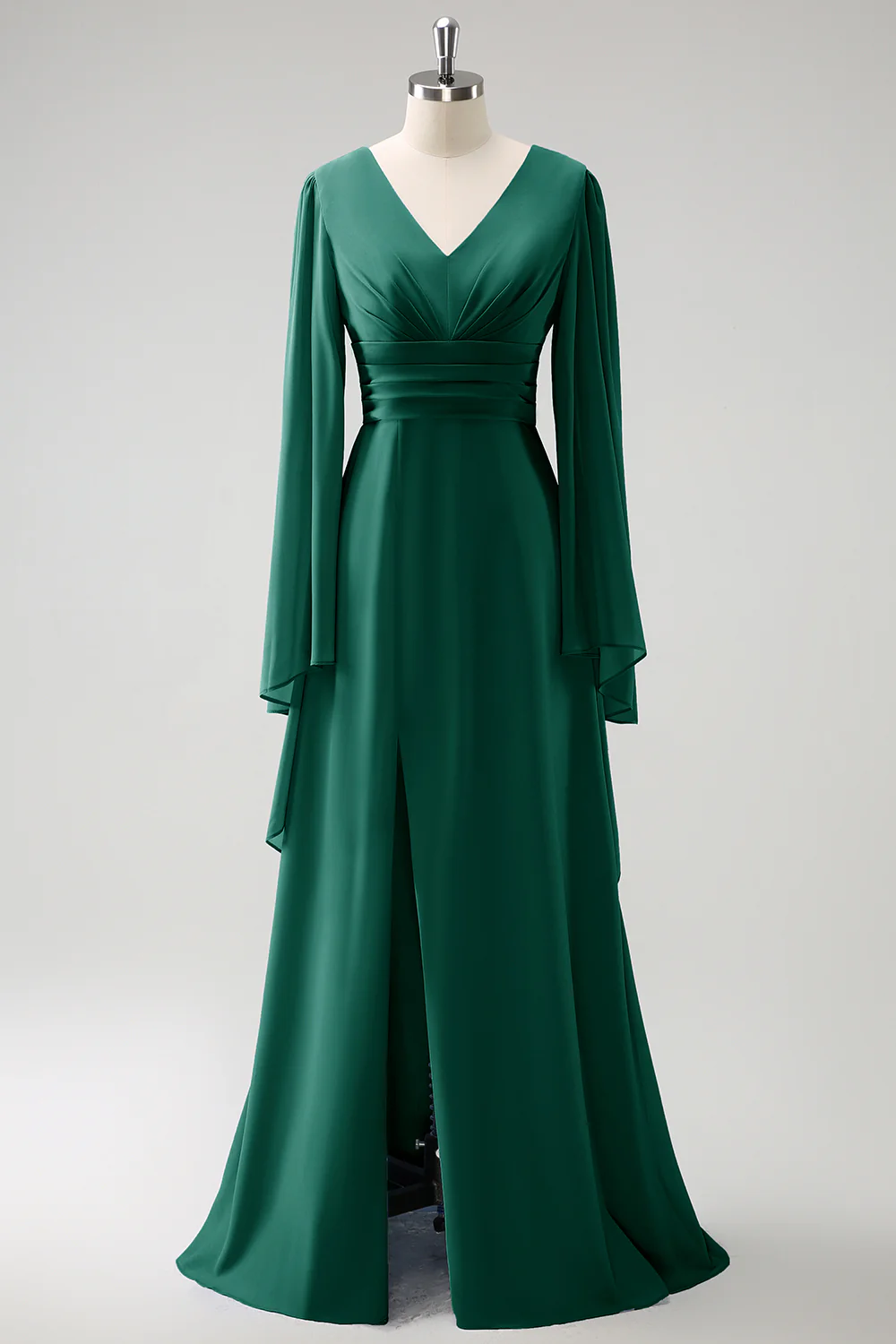 Gris Bleu Une Ligne Manches Longues Robe de demoiselle d’honneur en mousseline de soie avec fente - Image 23